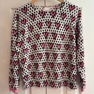 Whisper by Brodie Cashmere Cotton & Silk Sweater Crewneck White Pink Hearts Sz S